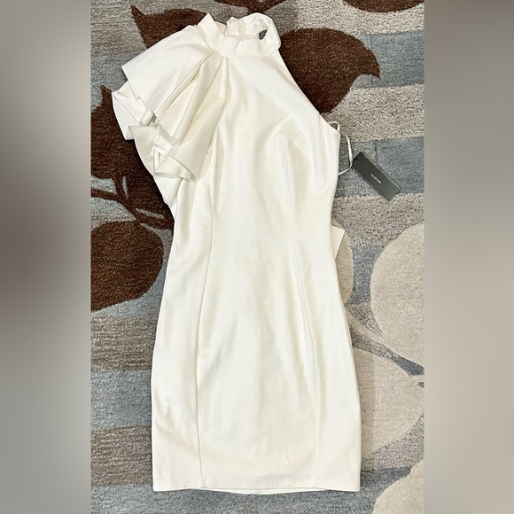 Lulu’s Chic Goals White High Neck One-Shoulder Flutter Sleeve Skater Dress - Picture 7 of 8